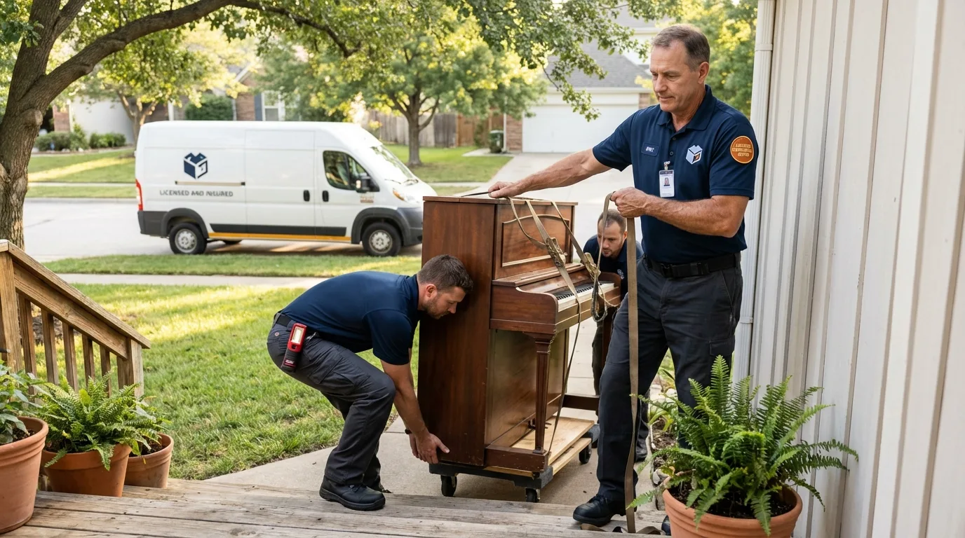 Licensed piano movers securing grand piano in Waterbury, VT
