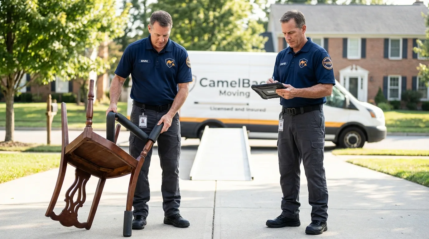 Movers inspecting furniture for damage prevention before loading in Waterbury, VT