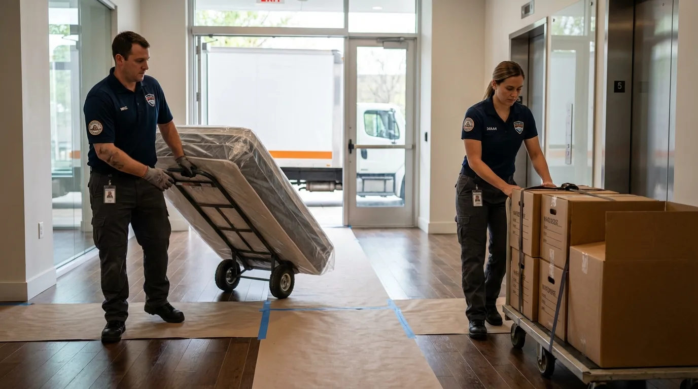 Professional apartment movers loading elevator in Waterbury, VT
