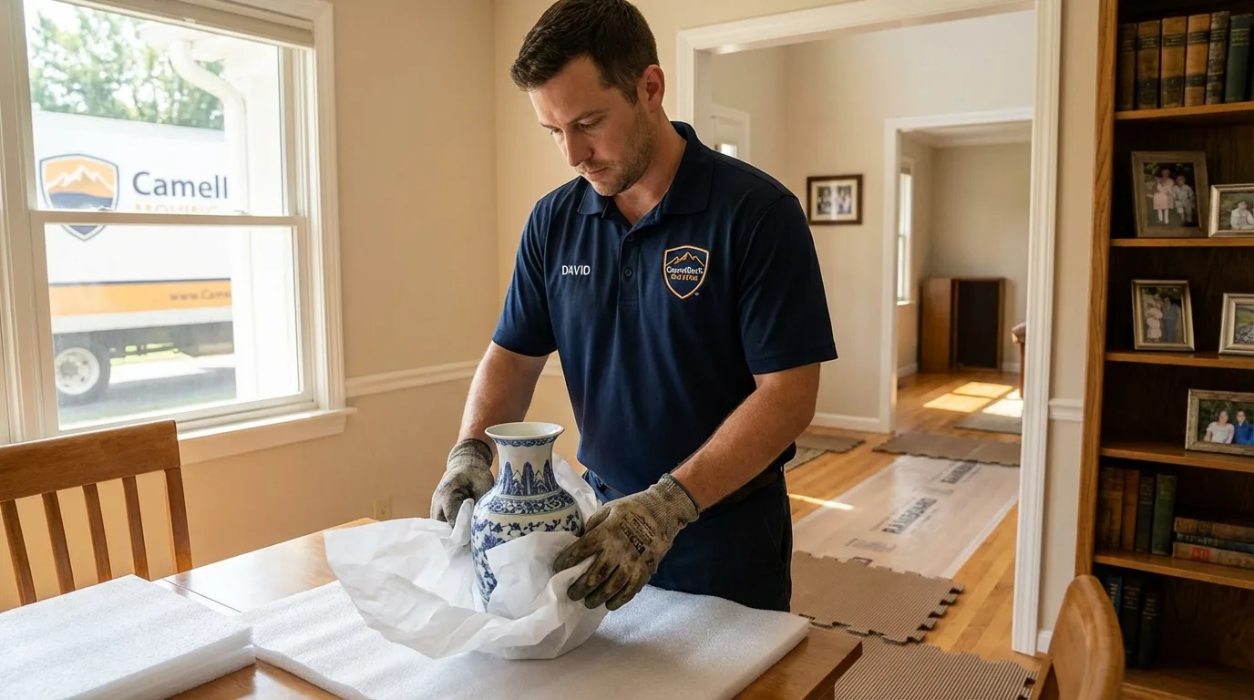 Professional crew carefully wrapping antique vase for senior downsizing move in Waterbury, VT