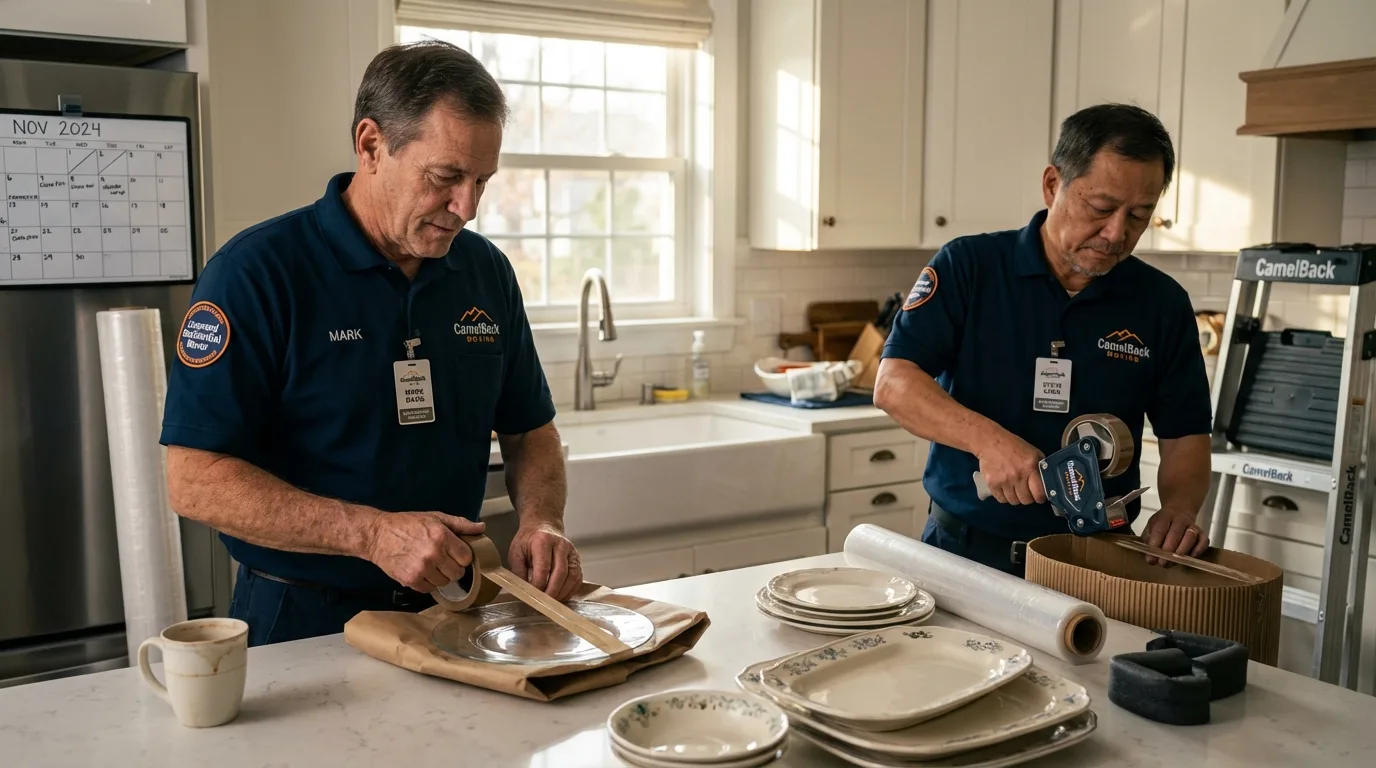 Professional crew packing kitchen dishware in Waterbury, VT